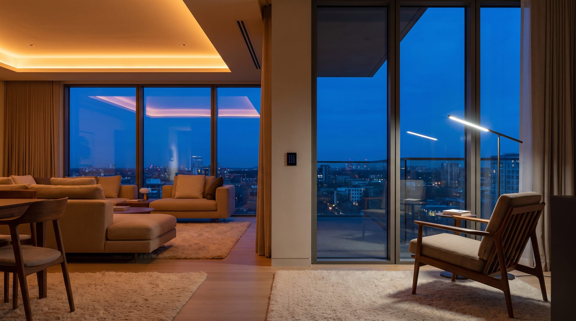 Living room at dusk showing two lighting scenes: warm relaxed cove light in the lounge and cooler task light over a reading nook