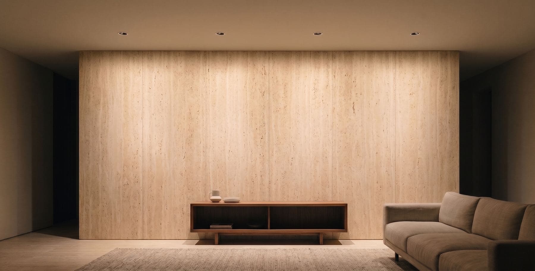 Travertine feature wall evenly washed with light from four recessed downlights
