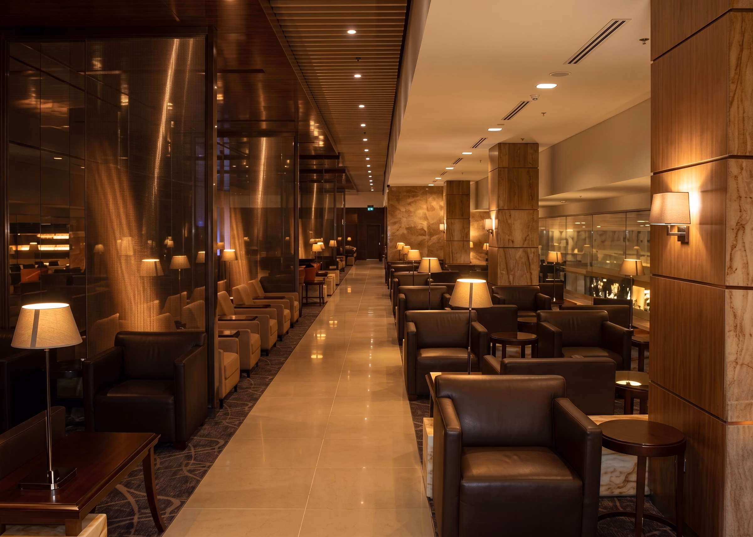 Airport lounge seating run lit by table lamps and wall sconces, with a dark ceiling and warm stone and timber surfaces