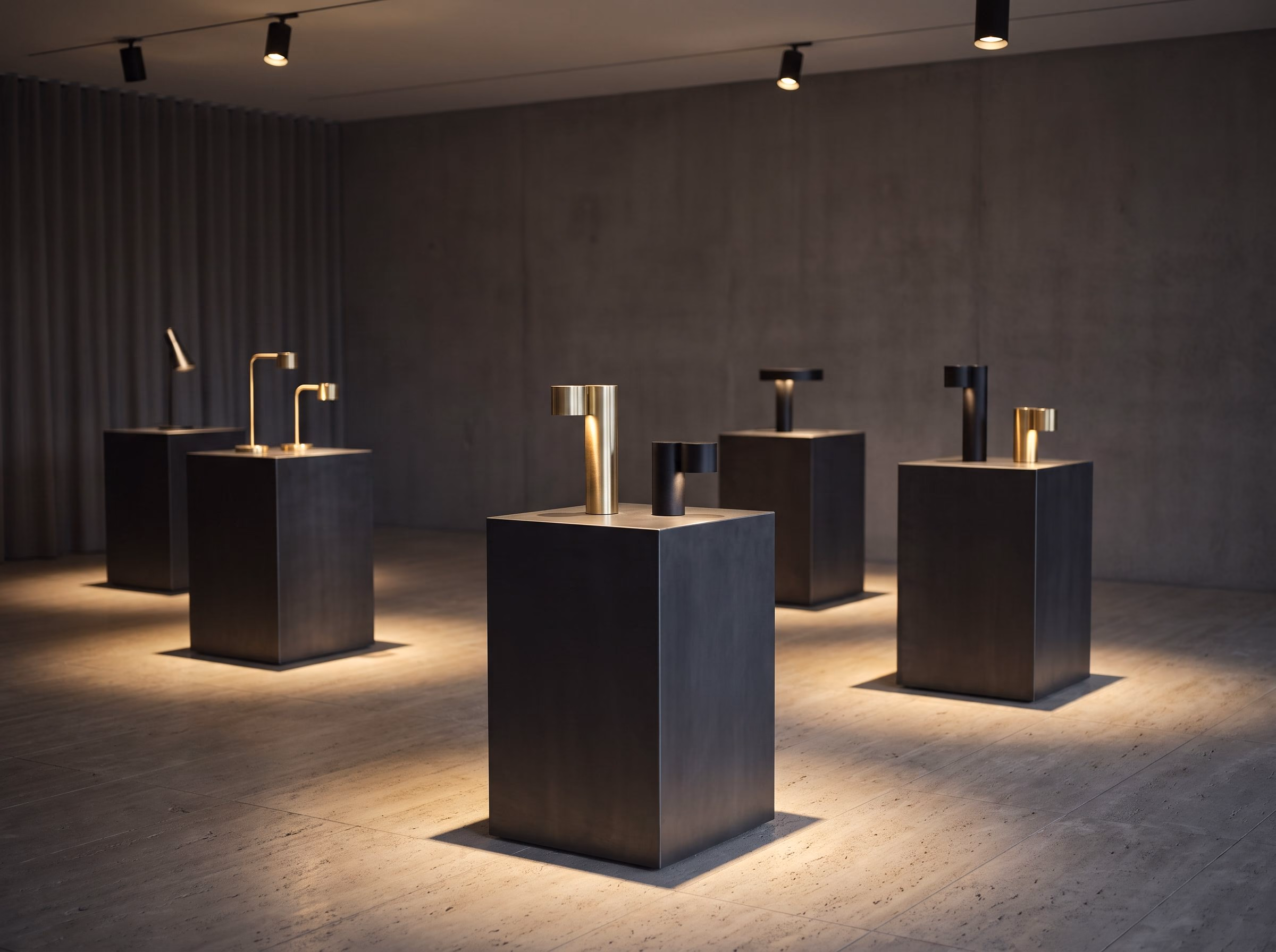 Spot-lit plinths displaying architectural light fixtures in a dark gallery space