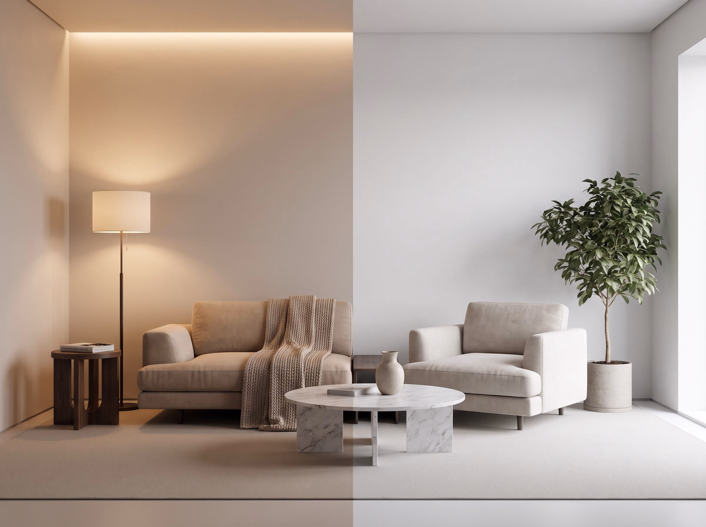 Living room vignette split between a warm evening scene and a brighter neutral daytime scene