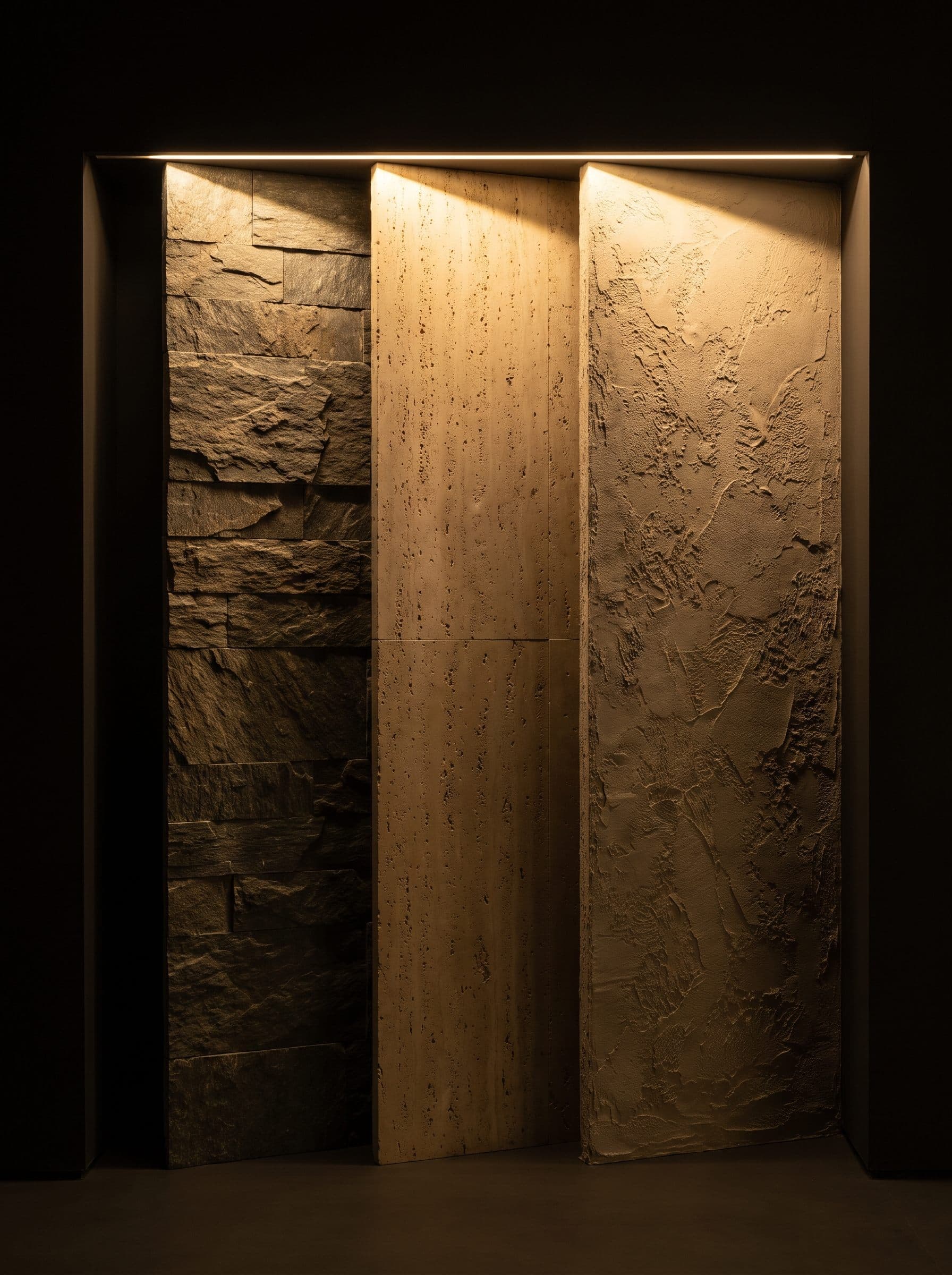 Raking warm light across panels of rough stone, travertine and textured plaster