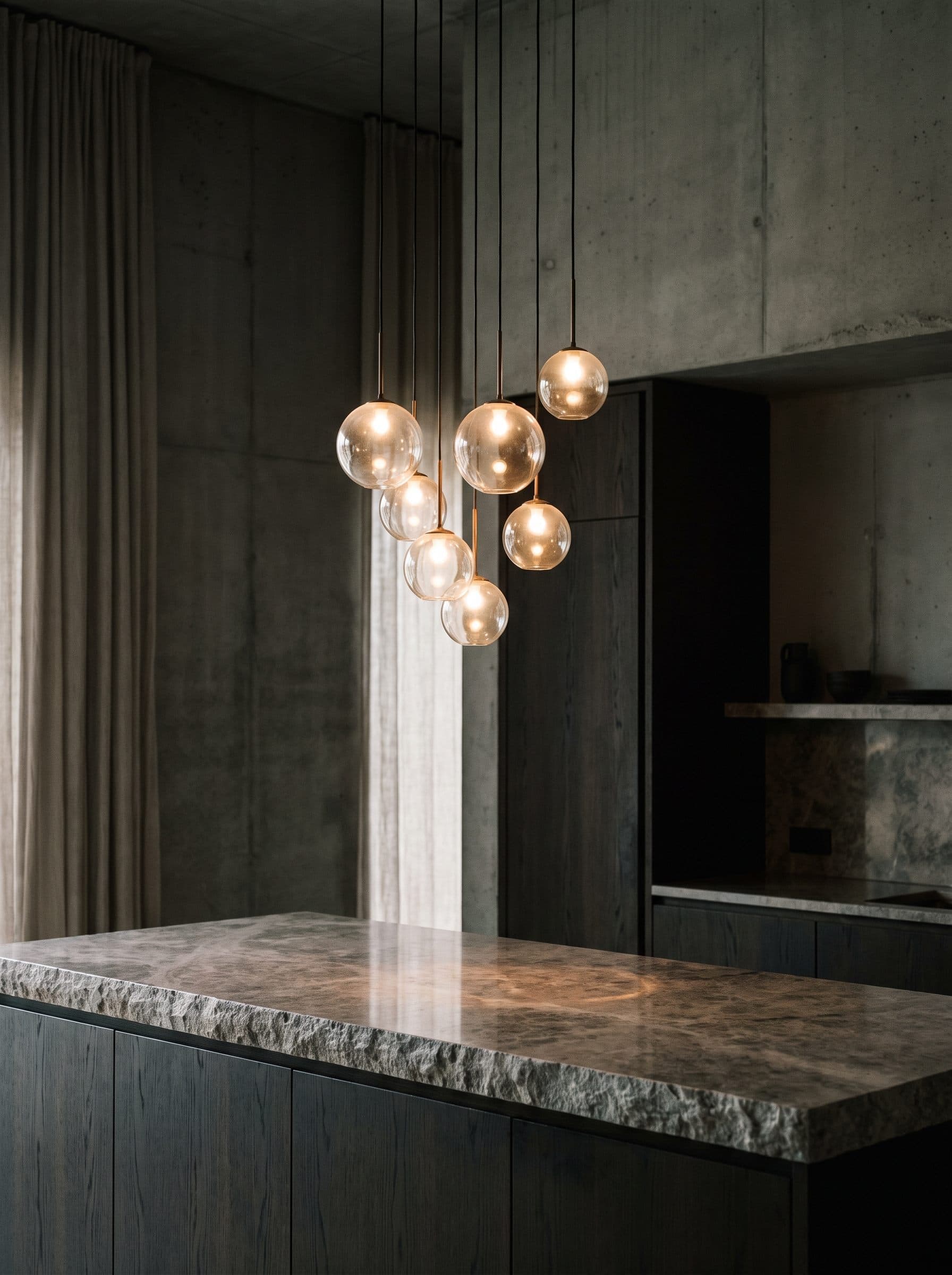 Warm glass pendants hung at different heights over a stone counter