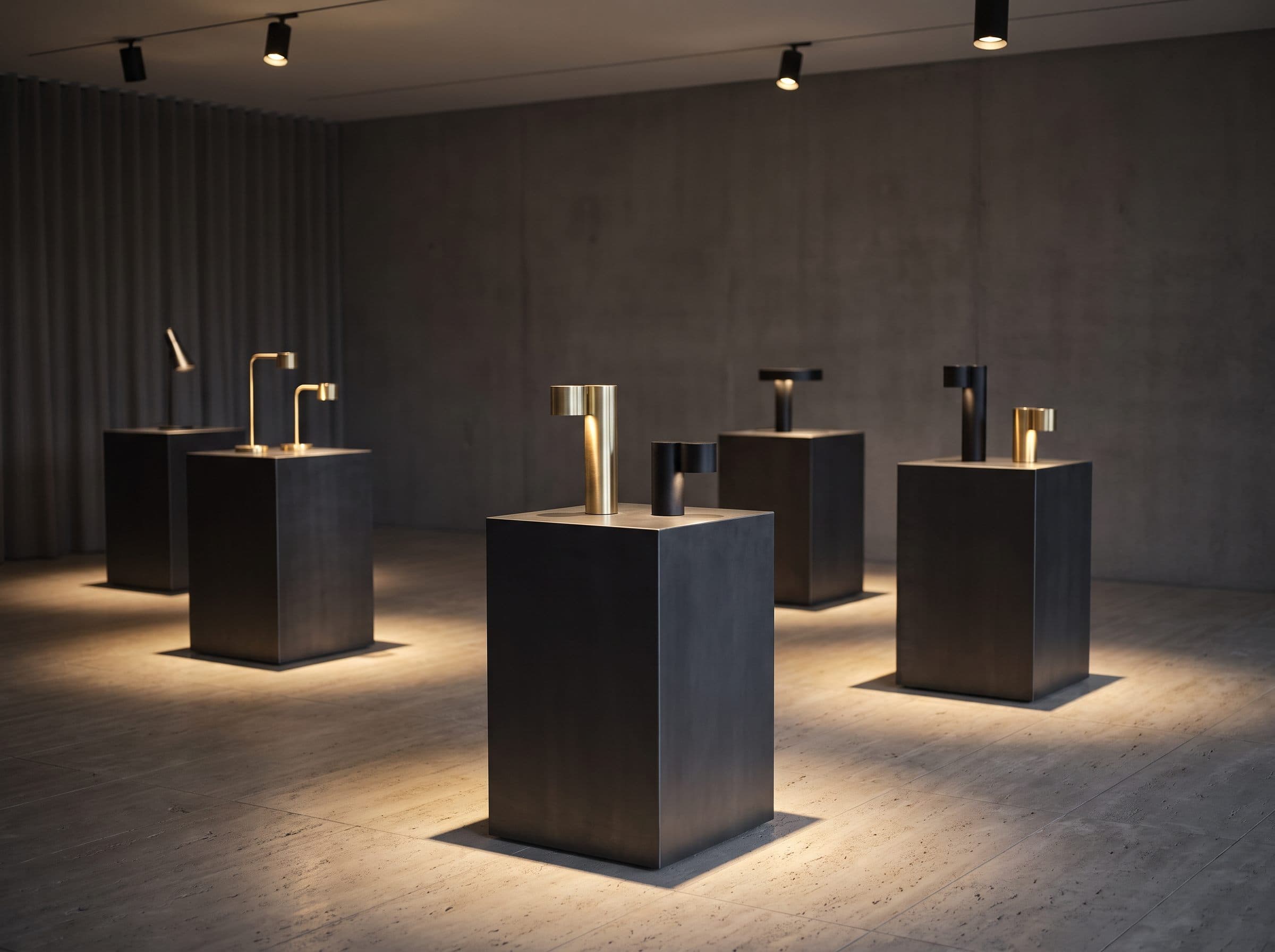 Spot-lit plinths displaying architectural light fixtures in a dark gallery space
