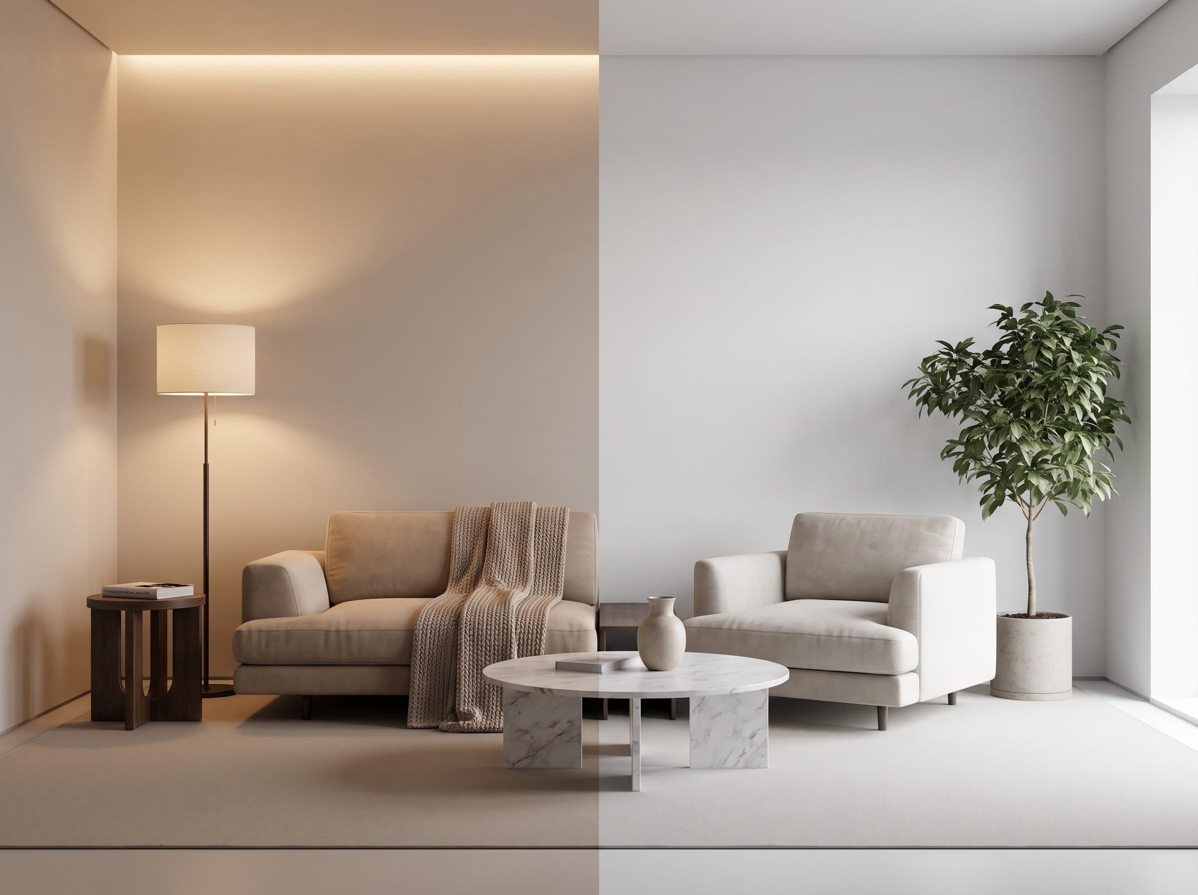 Living room vignette split between a warm evening scene and a brighter neutral daytime scene